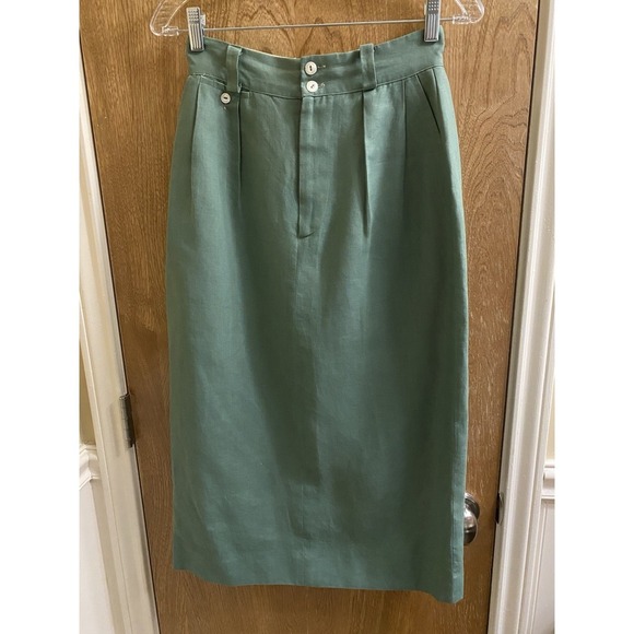 Vintage Ralph Lauren Italian Linen Pencil Skirt Sage Green Button Zip Slit Sz 8 - Picture 1 of 15